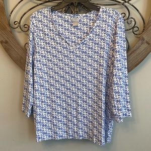 Chico’s Beachy Seahorse V-Neck Top Sz 2